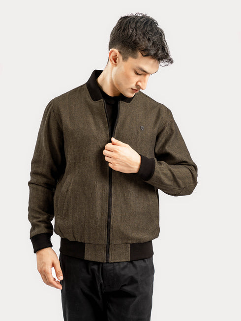Camel Herringbone Structured Bomber Jacket