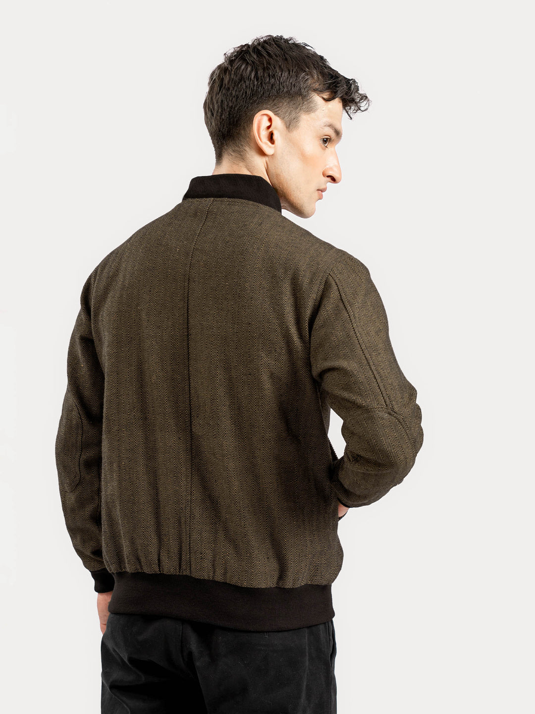 Camel Herringbone Structured Bomber Jacket
