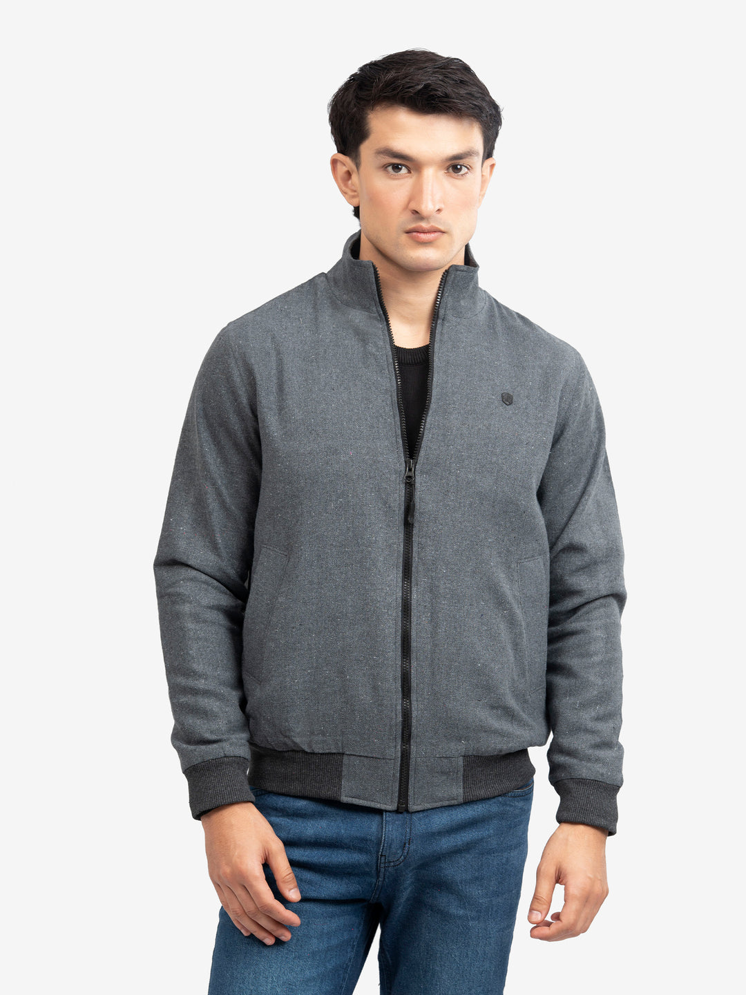Charcoal grey mock neck zipper jacket front view