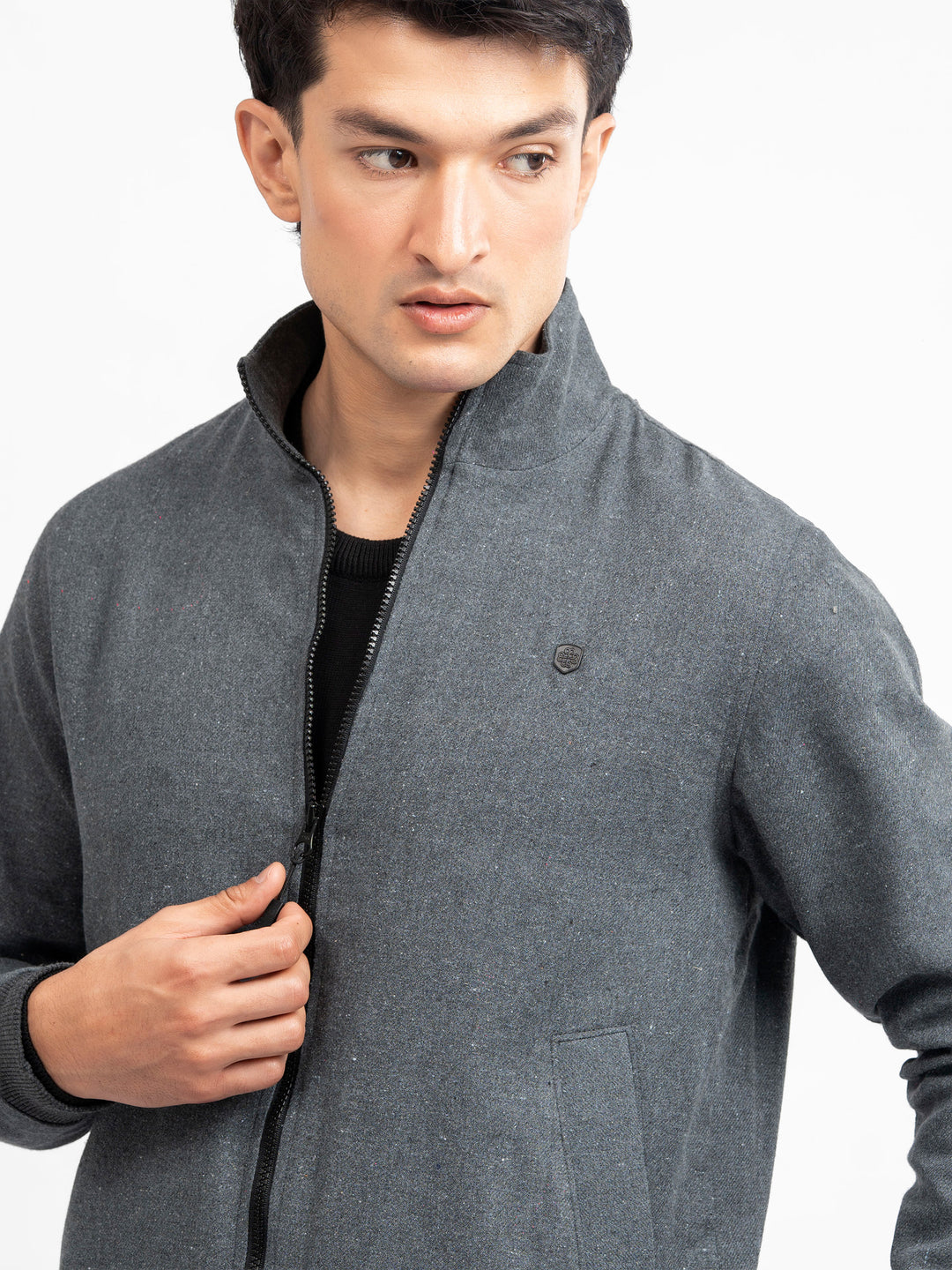 Charcoal Grey Mock Neck Zipper Jacket