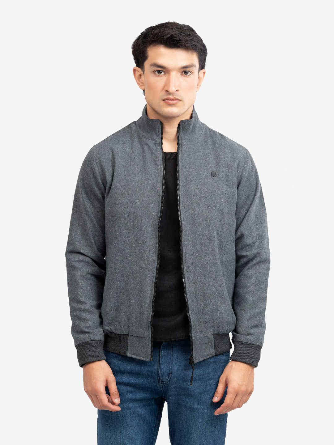 Charcoal grey mock neck zipper jacket full-length view with modern casual fit