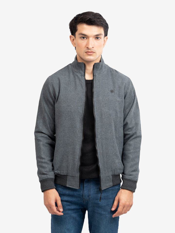 Charcoal grey mock neck zipper jacket full-length view with modern casual fit