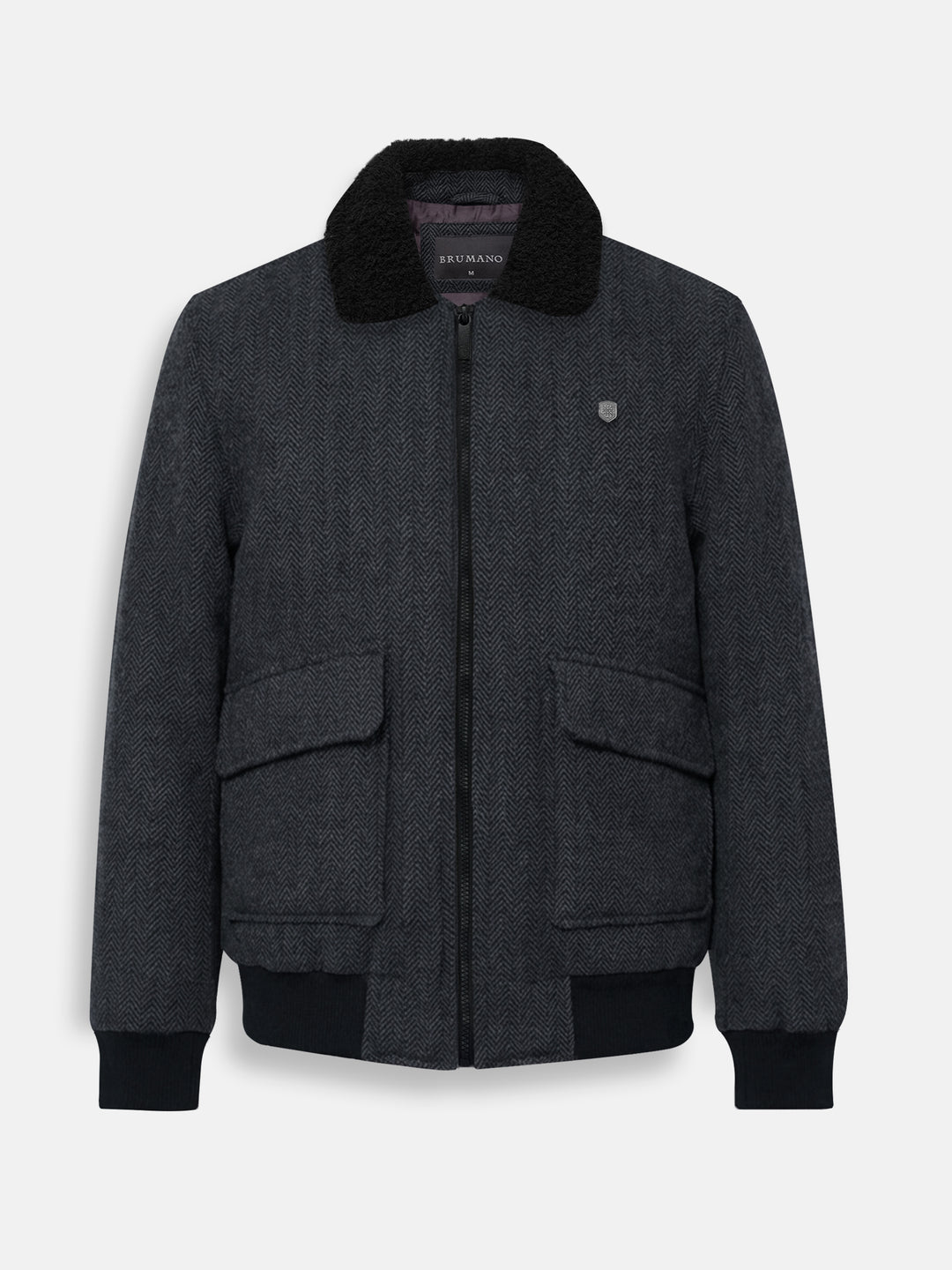 Charcoal wool blended aviator jacket with beige sherpa collar