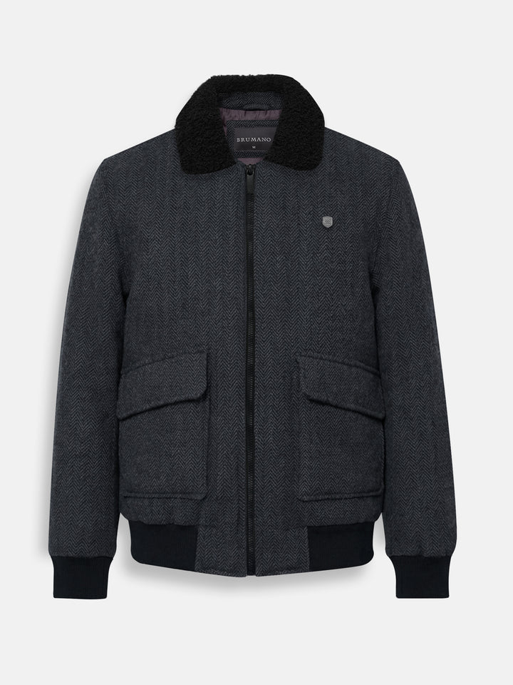Charcoal Wool Blended Aviator Jacket With Beige Sherpa Collar
