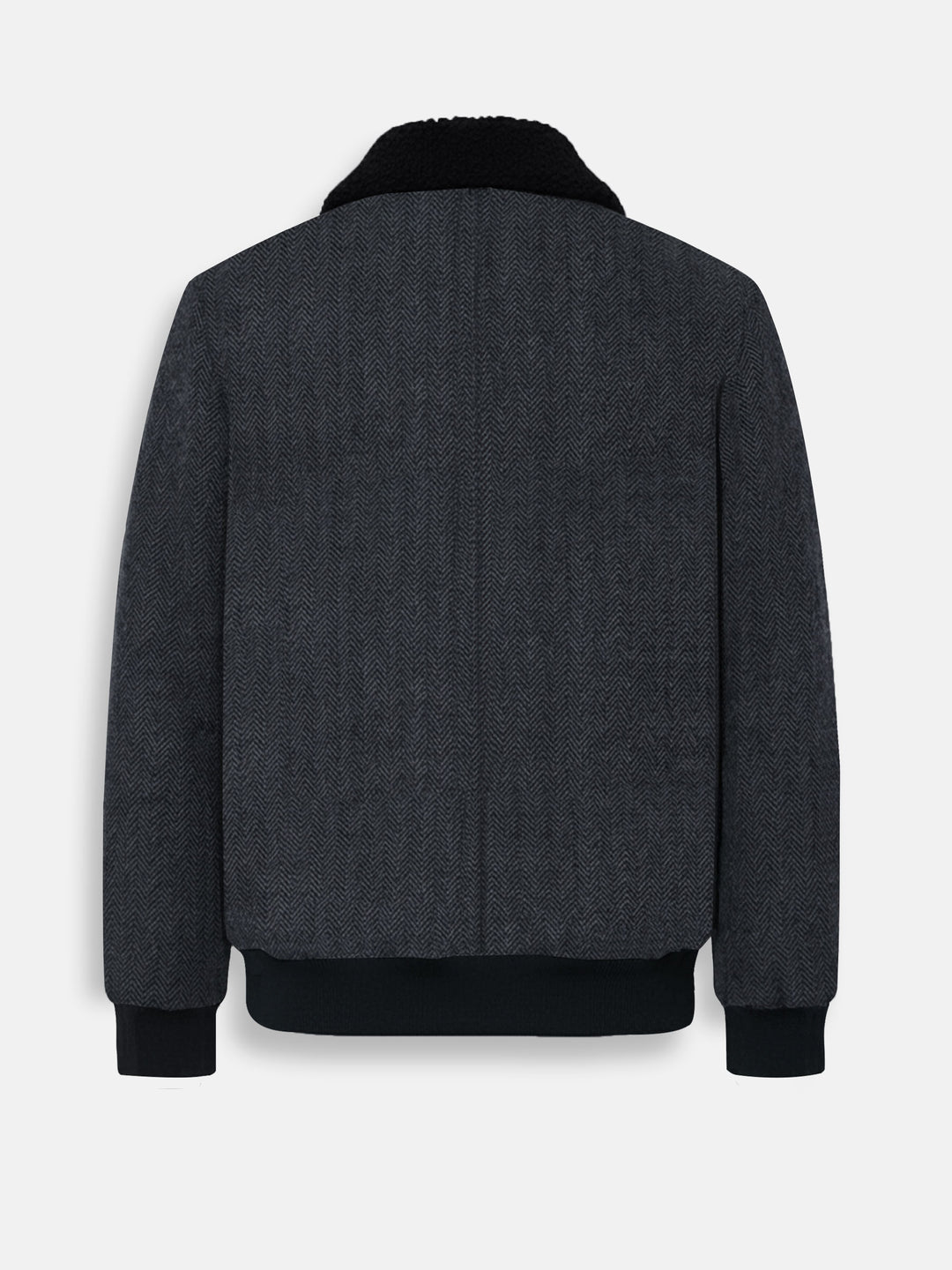Back view of charcoal herringbone bomber jacket with ribbed hem