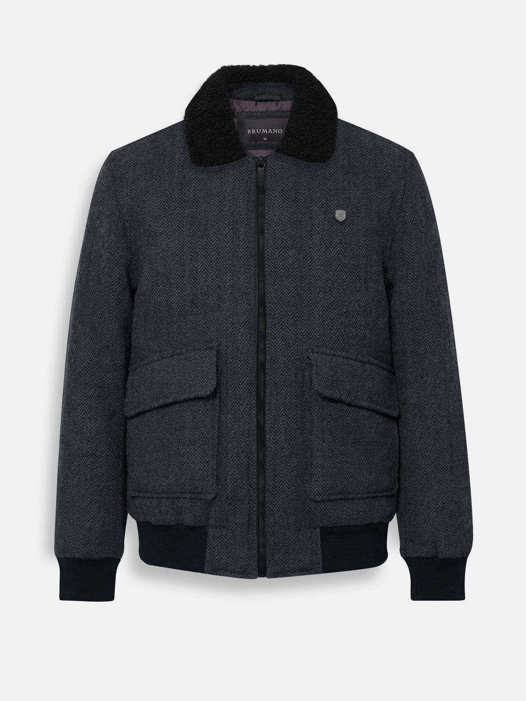 Front view of men's charcoal herringbone wool bomber jacket with black sherpa collar