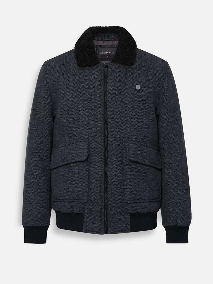 Front view of men's charcoal herringbone wool bomber jacket with black Sherpa collar