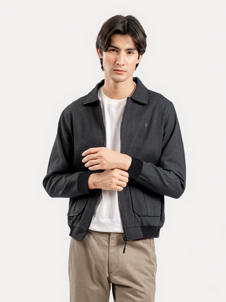 Charcoal Casual Collar Jacket With Cargo Pocket