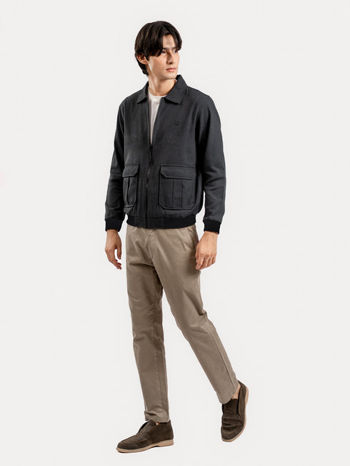 Charcoal Casual Collar Jacket With Cargo Pocket
