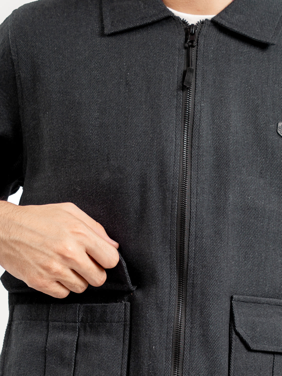 Charcoal Casual Collar Jacket With Cargo Pocket