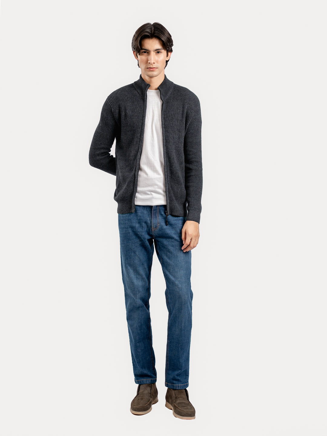 Charcoal Grey Knitted Chunky Zipper Jacket