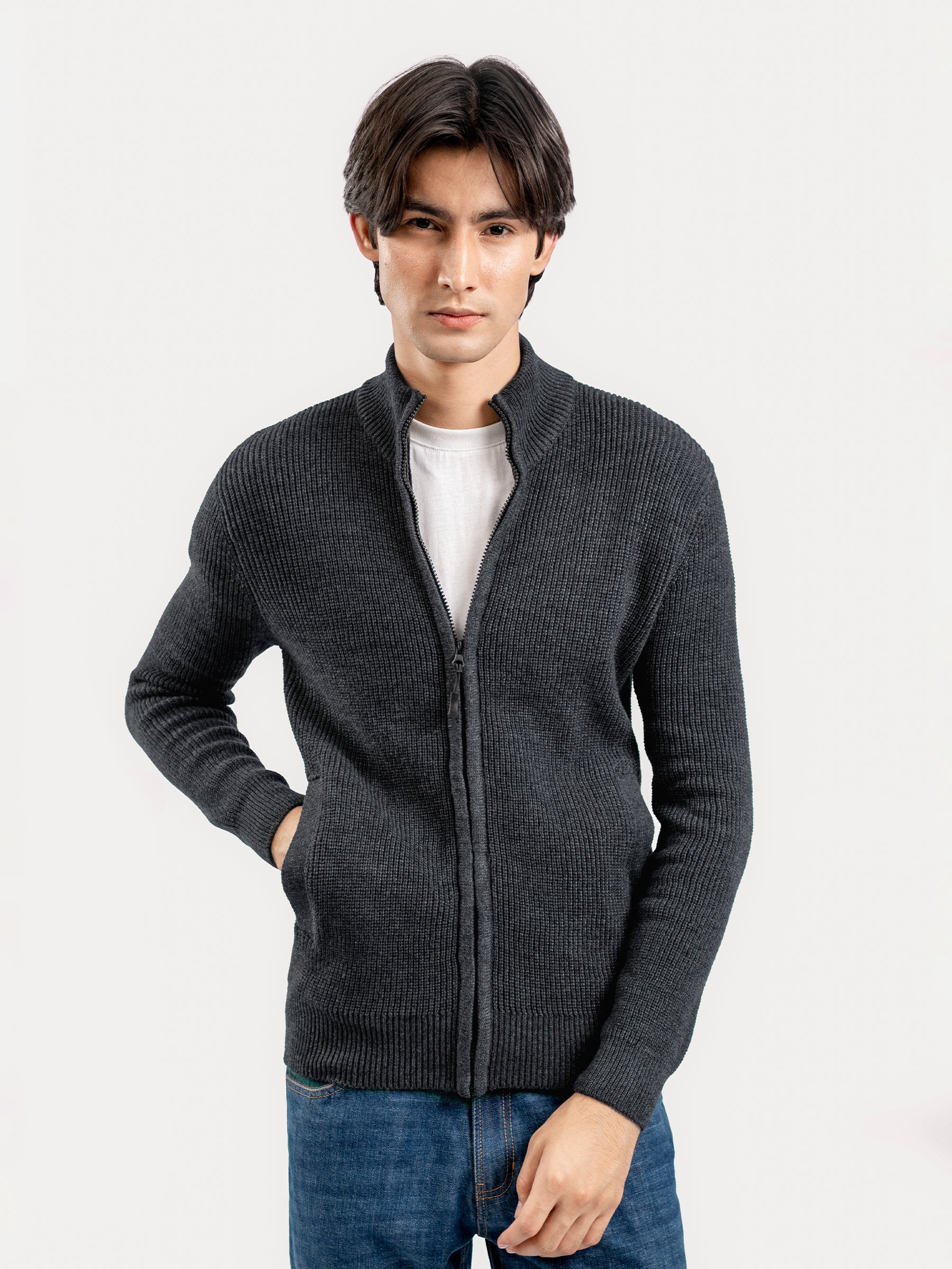 Charcoal Grey Knitted Chunky Zipper Jacket – Brumano