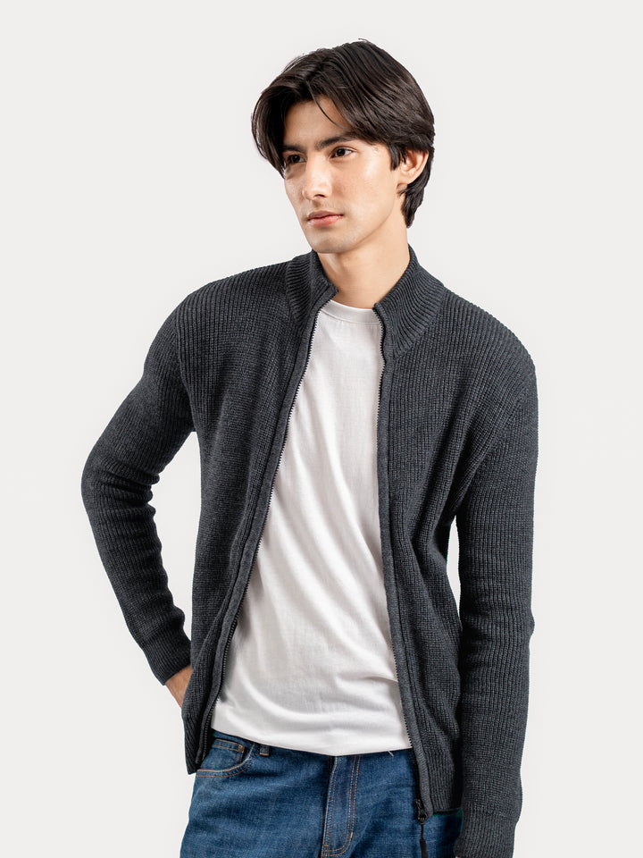 Charcoal Grey Knitted Chunky Zipper Jacket