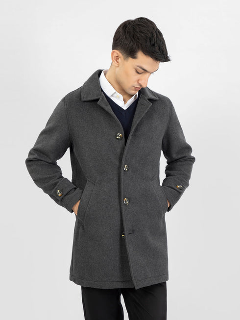 Charcoal Grey Wool Blended Long Coat With Collar