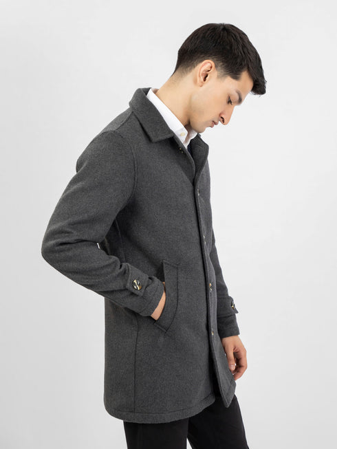 Charcoal Grey Wool Blended Long Coat With Collar