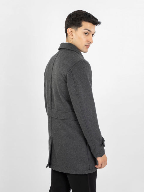 Charcoal Grey Wool Blended Long Coat With Collar