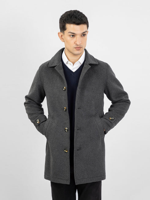 Charcoal Grey Wool Blended Long Coat With Collar