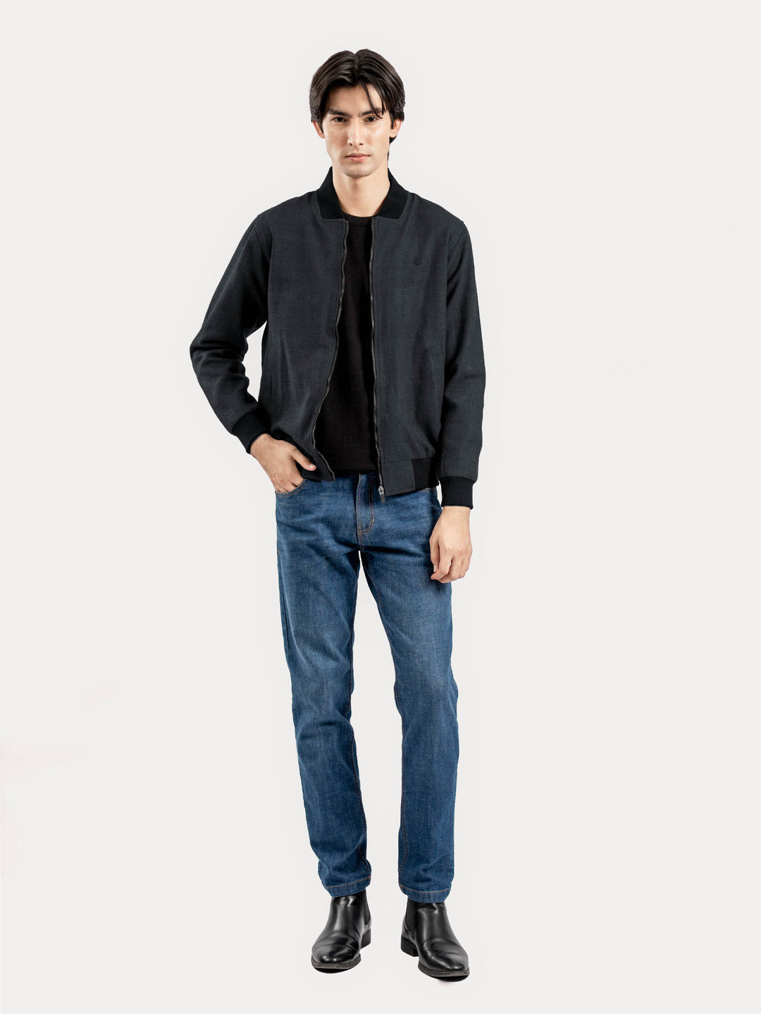 Charcoal Herringbone Structured Bomber Jacket