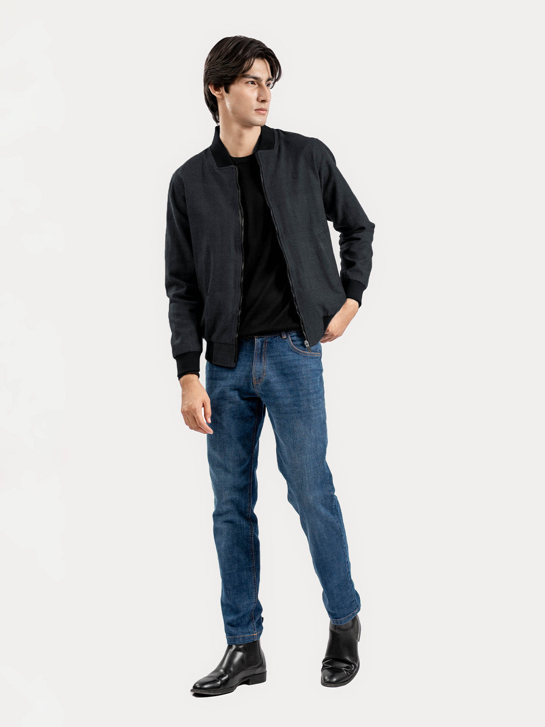 Charcoal Herringbone Structured Bomber Jacket