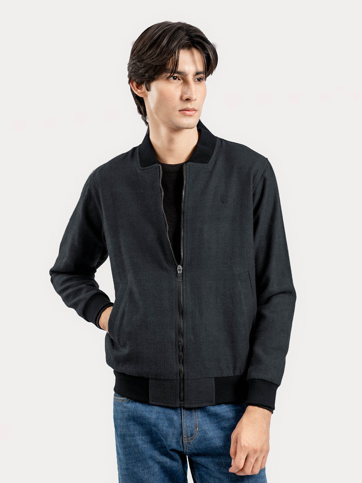 Charcoal Herringbone Structured Bomber Jacket
