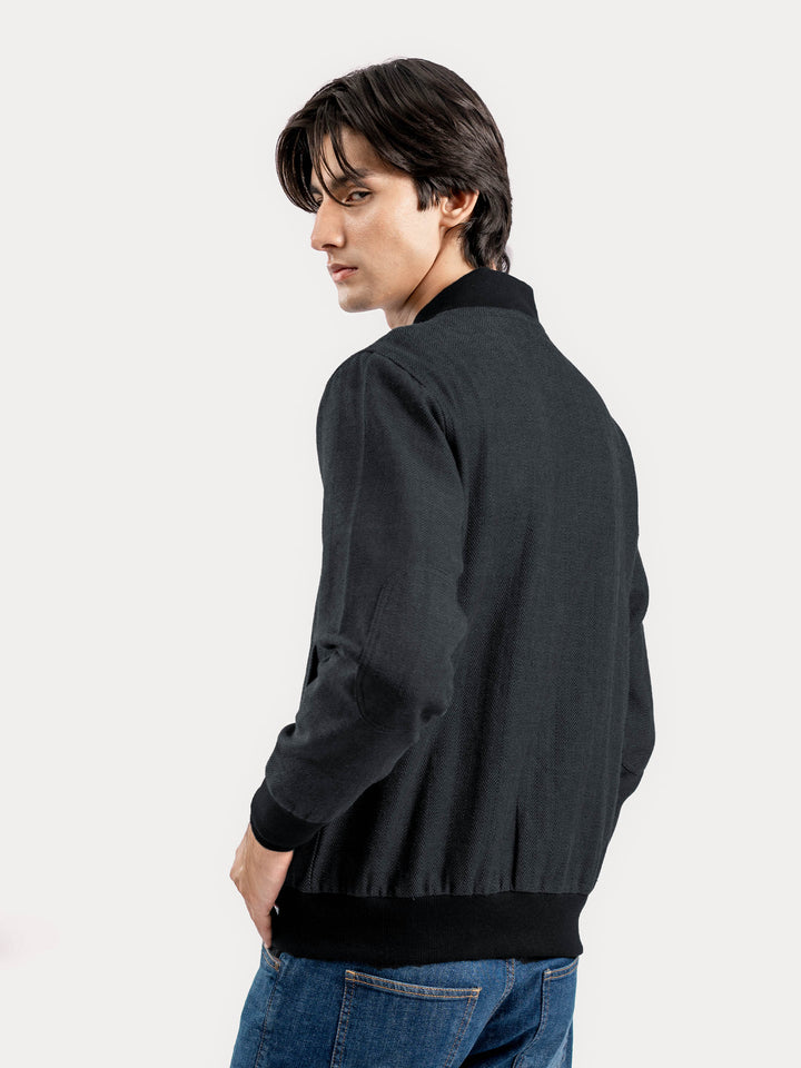 Charcoal Herringbone Structured Bomber Jacket