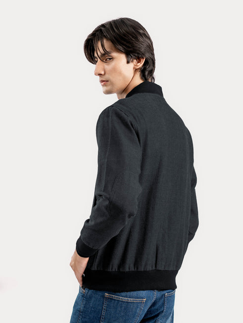 Charcoal Herringbone Structured Bomber Jacket