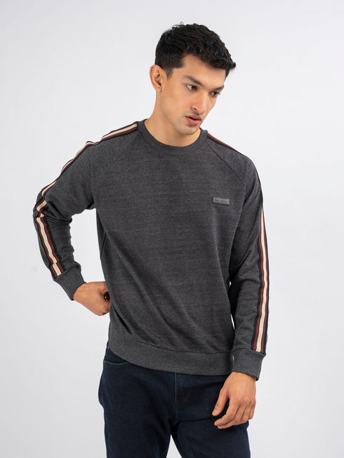 Charcoal Melange Crew Neck Sweatshirt With Detailing