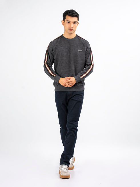 Charcoal Melange Crew Neck Sweatshirt With Detailing