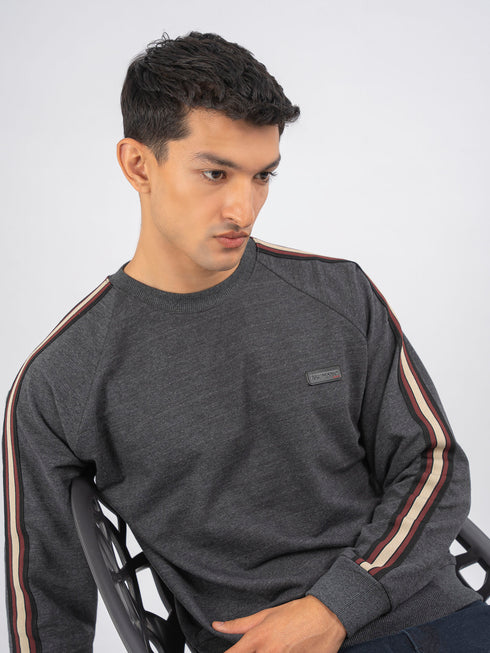 Charcoal Melange Crew Neck Sweatshirt With Detailing