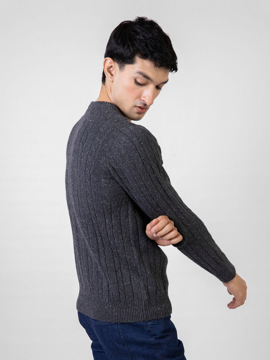 Charcoal Neppy Cable Knitted Crew Neck Jumper