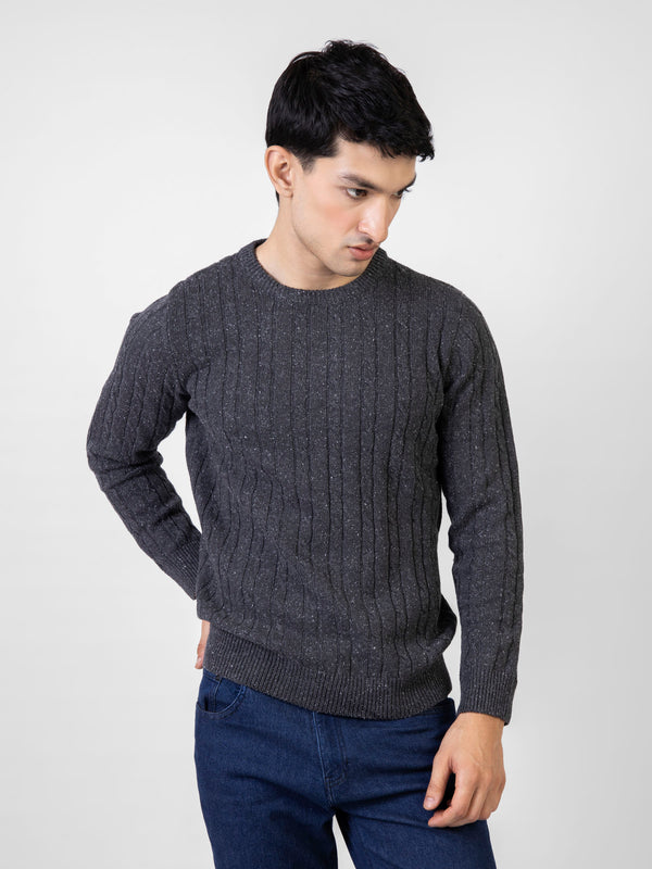 Charcoal Neppy Cable Knitted Crew Neck Jumper