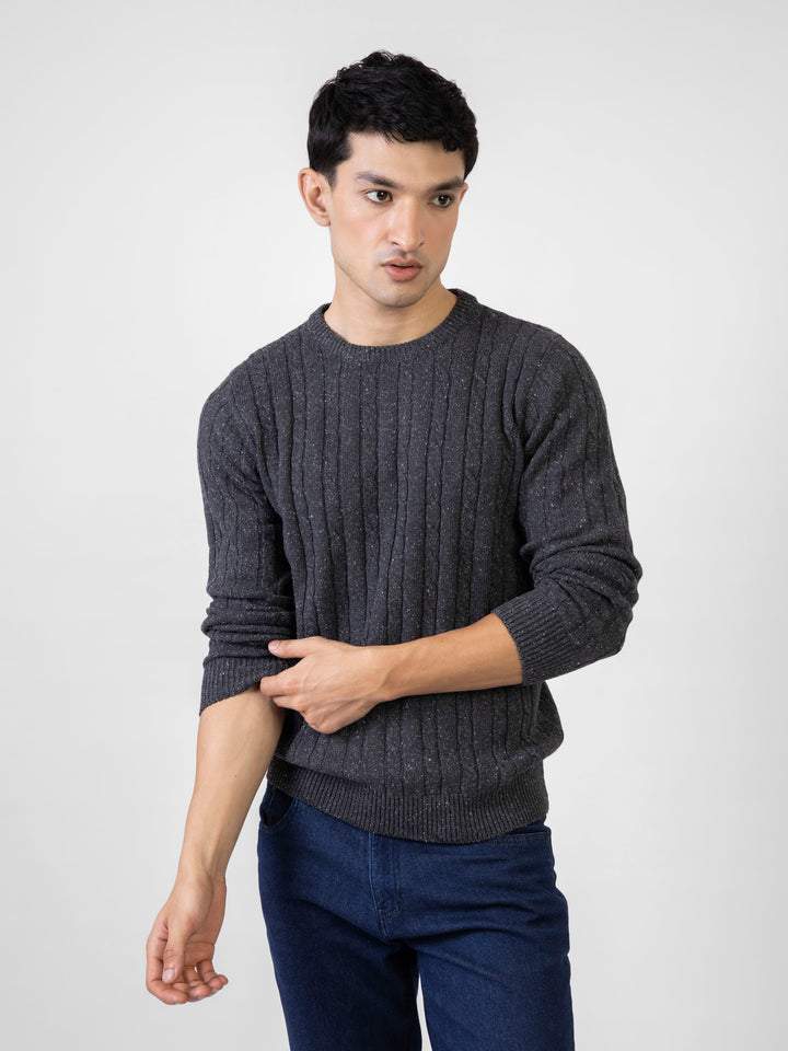 Charcoal Neppy Cable Knitted Crew Neck Jumper