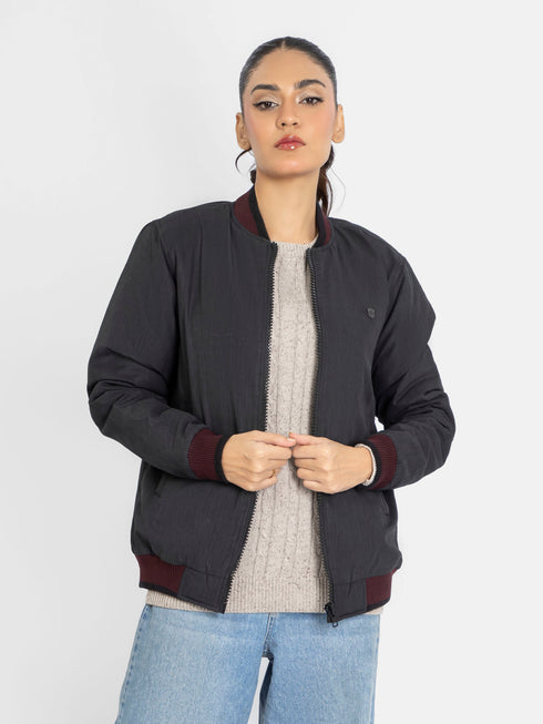 Charcoal Quilted Bomber Jacket With Contrasting Rib - Women