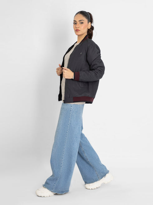 Charcoal Quilted Bomber Jacket With Contrasting Rib - Women