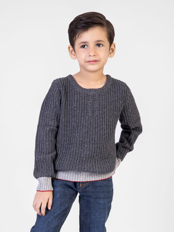 Charcoal Ribbed Crew Neck Jumper With Red Tipping