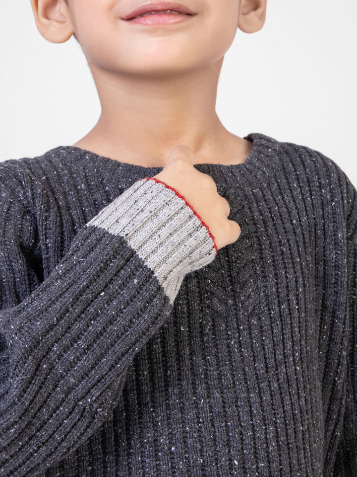 Charcoal Ribbed Crew Neck Jumper With Red Tipping