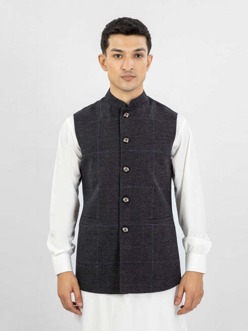 Charcoal & Purple Checkered Wool Waistcoat