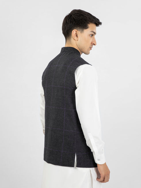 Charcoal & Purple Checkered Wool Waistcoat