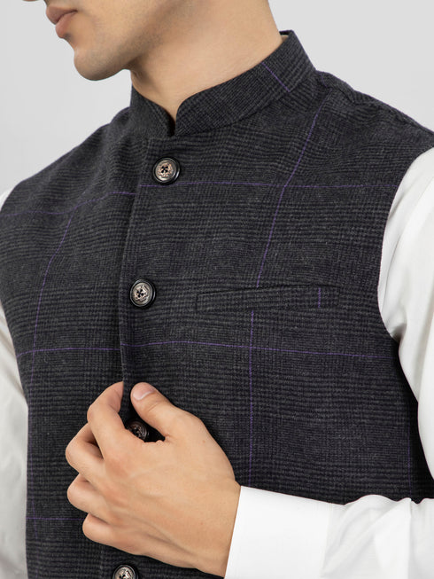 Charcoal & Purple Checkered Wool Waistcoat