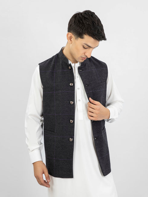 Charcoal & Purple Checkered Wool Waistcoat