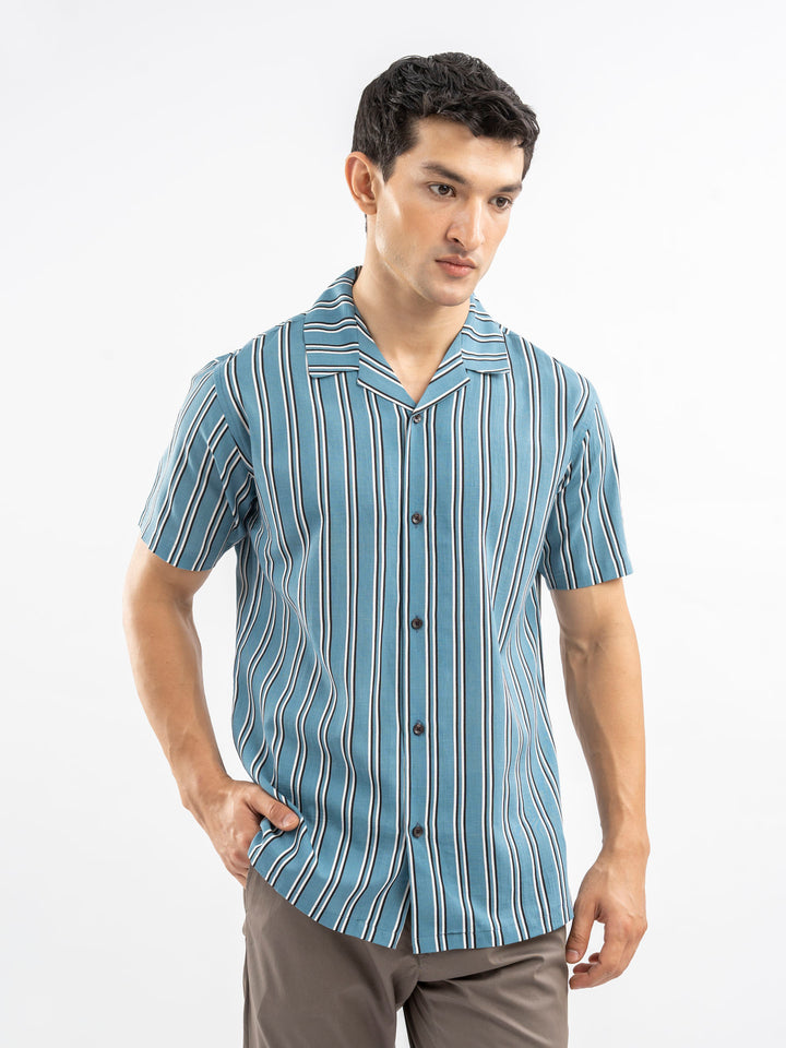 Cobalt Blue Striped Cuban Collar Shirt