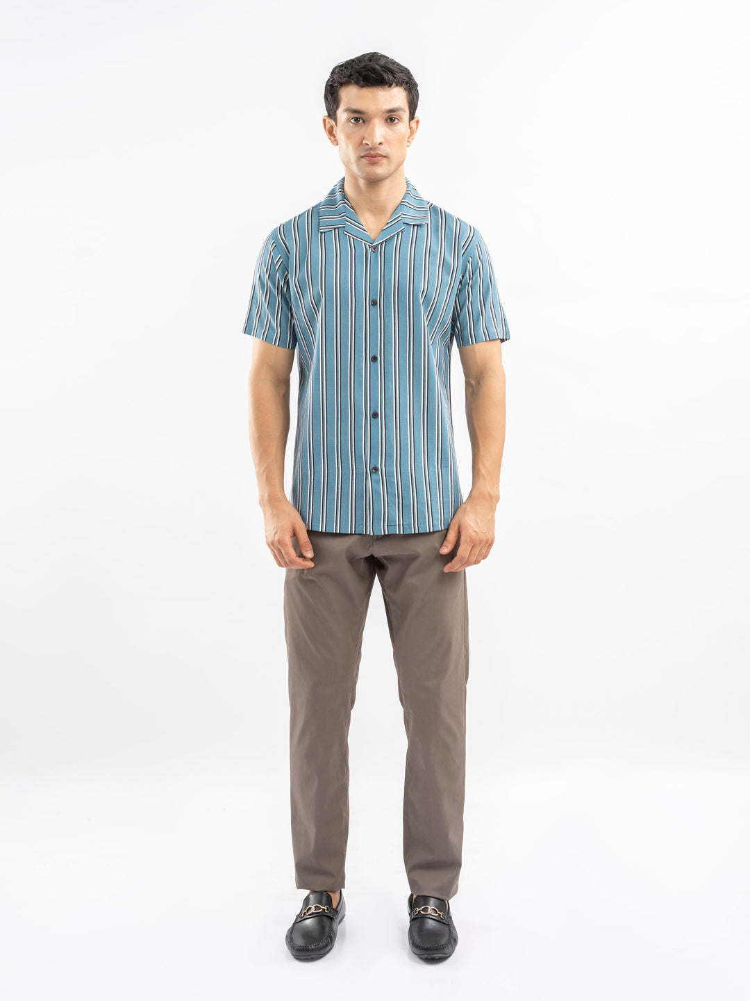 Cobalt Blue Striped Cuban Collar Shirt