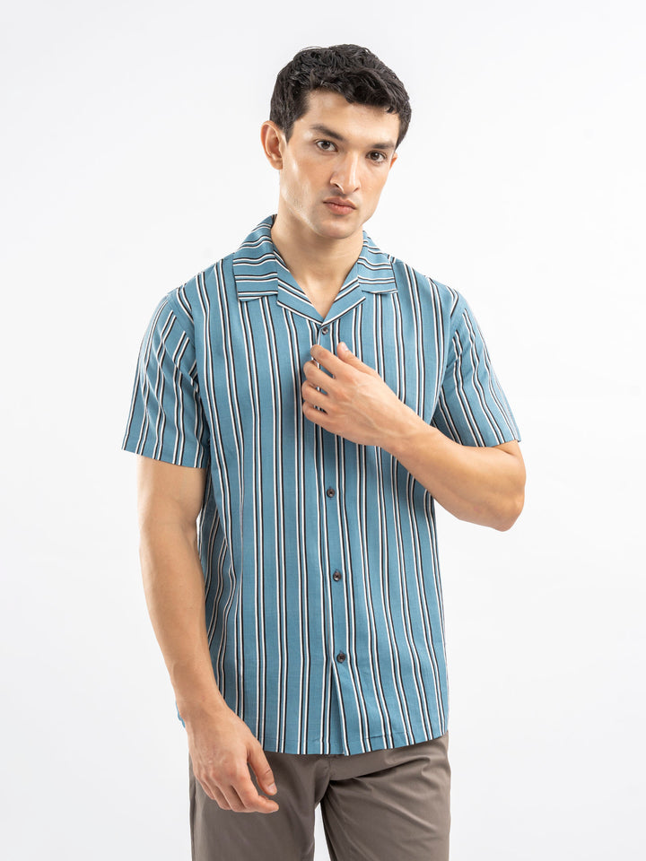 Cobalt Blue Striped Cuban Collar Shirt