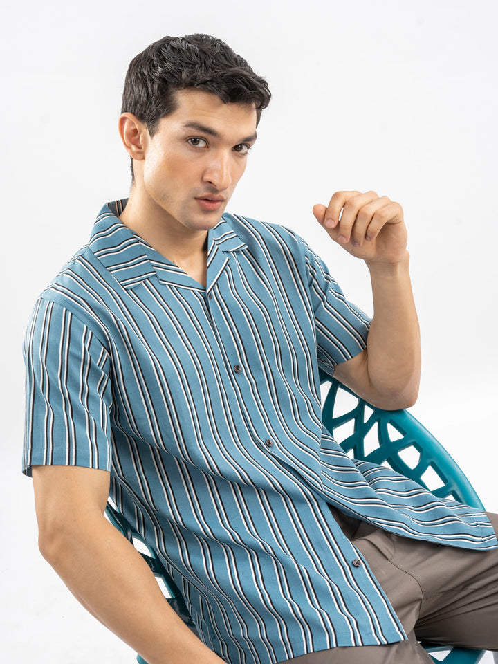 Cobalt Blue Striped Cuban Collar Shirt