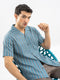Cobalt Blue Striped Cuban Collar Shirt