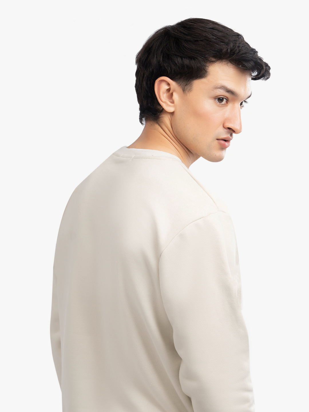 Back view of heavy cream sweatshirt for men
