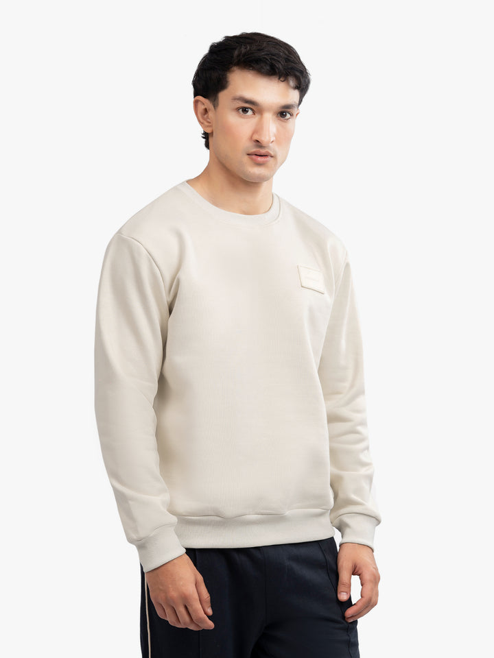 Men's cream heavy crew neck sweatshirt front view