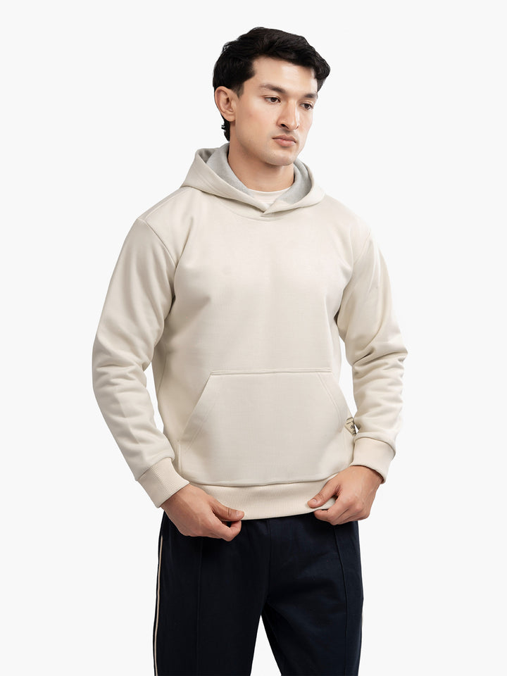 Men's cream heavyweight fleece hoodie front view