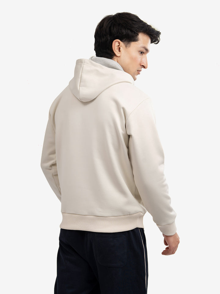 Back view of men's cream pullover hoodie