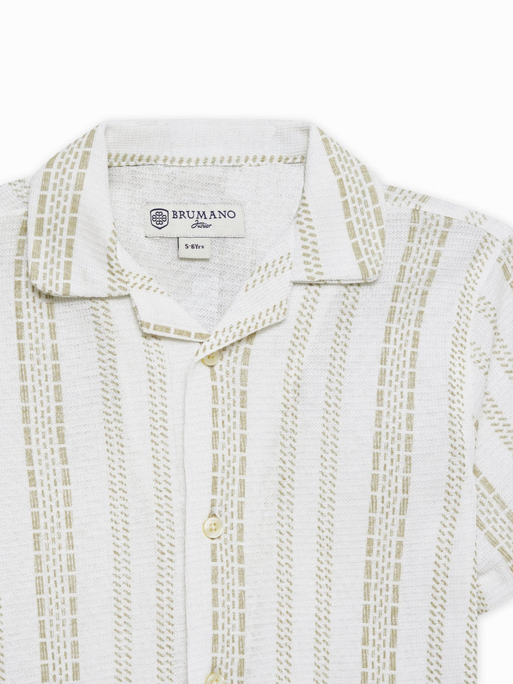 Cream Knitted Printed Cuban Collar Shirt - Junior